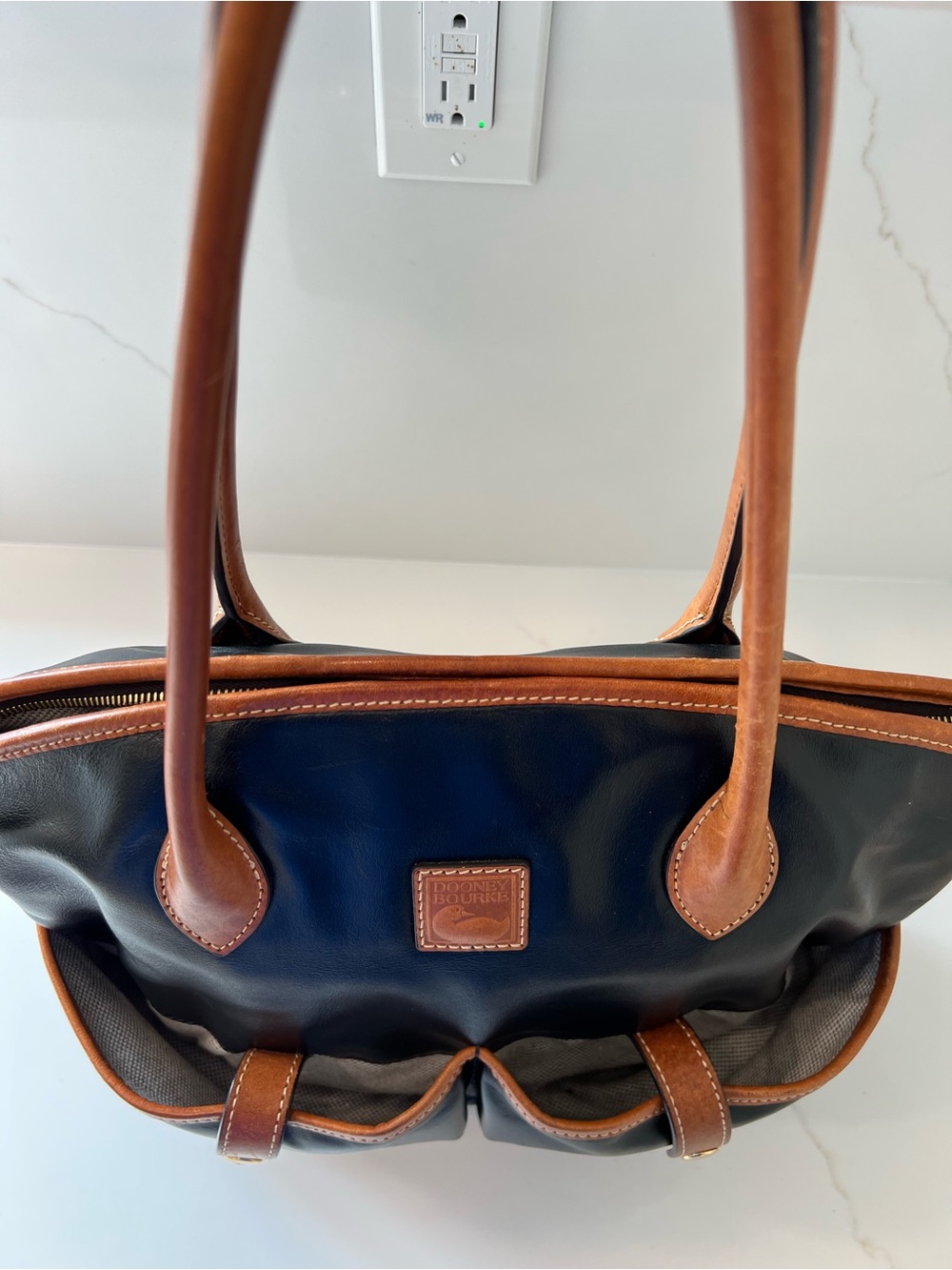 Dooney & Bourke Black & Tan Smooth Leather Crescent Tote Bag - Picture 6 of 14